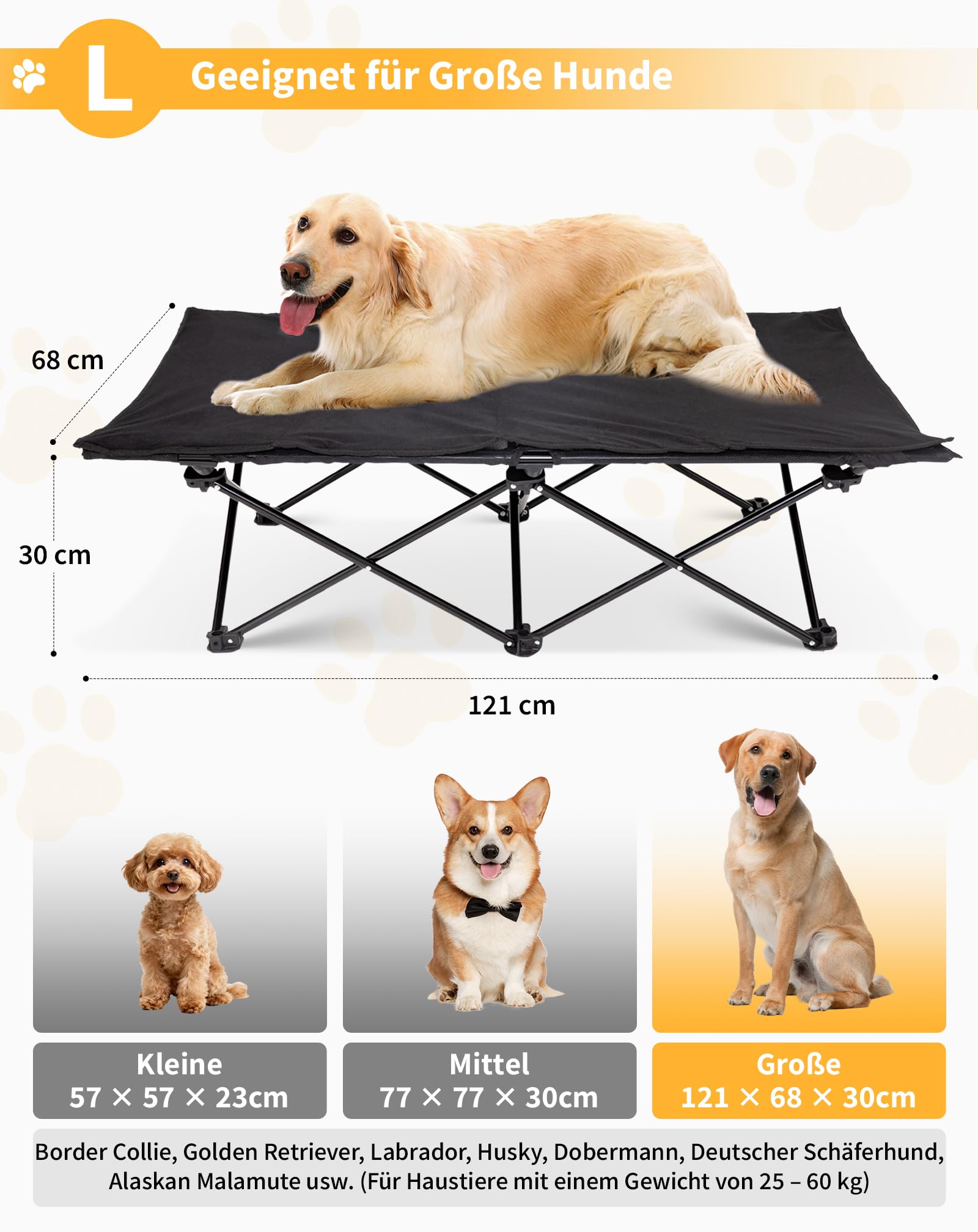 KingCamp Erhöhtes Hundebett Hundeliege Outdoor Haustierbett Haustierliege Atmungsaktivem Mesh & Wildledermatte & Rutschfesten Füßen für Reisen Garten Outdoor Indoor, Schwarz 121 × 68 × 30 cm