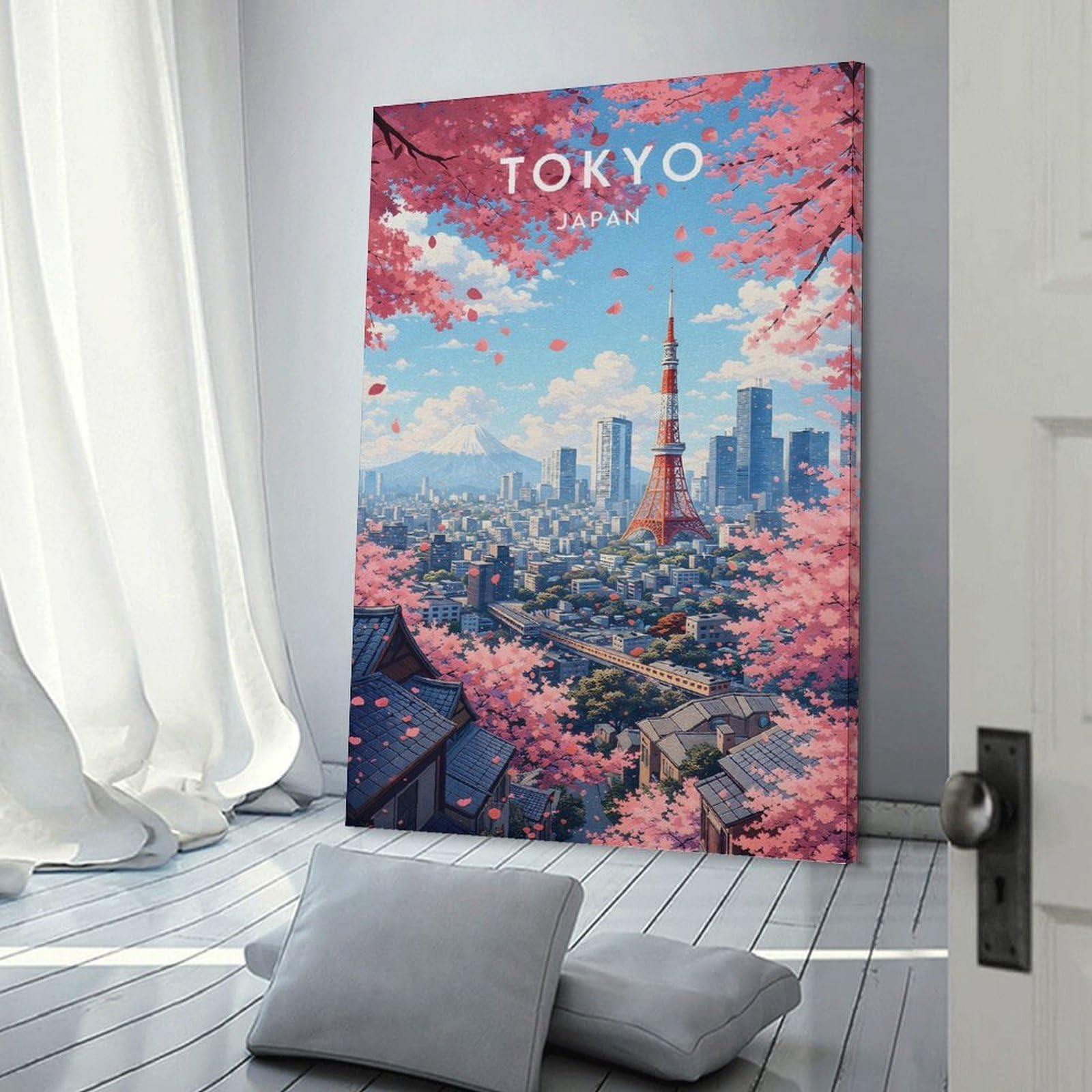 Junmoney Frame-Style Tokyo Cityscape With Cherry Blossoms Canvas Wall Art 24X36inch(60X90cm), For Office Decor, Home Working Or Creative Rooms, Wall Art That Adds Style To Work Areas