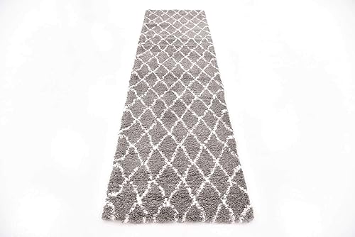 Miniatura 5 de Unique Loom Rabat Shag Collection - Alfombra de área enrejado (2 pies 7 pulgadas x 10 pies, grismarfil)