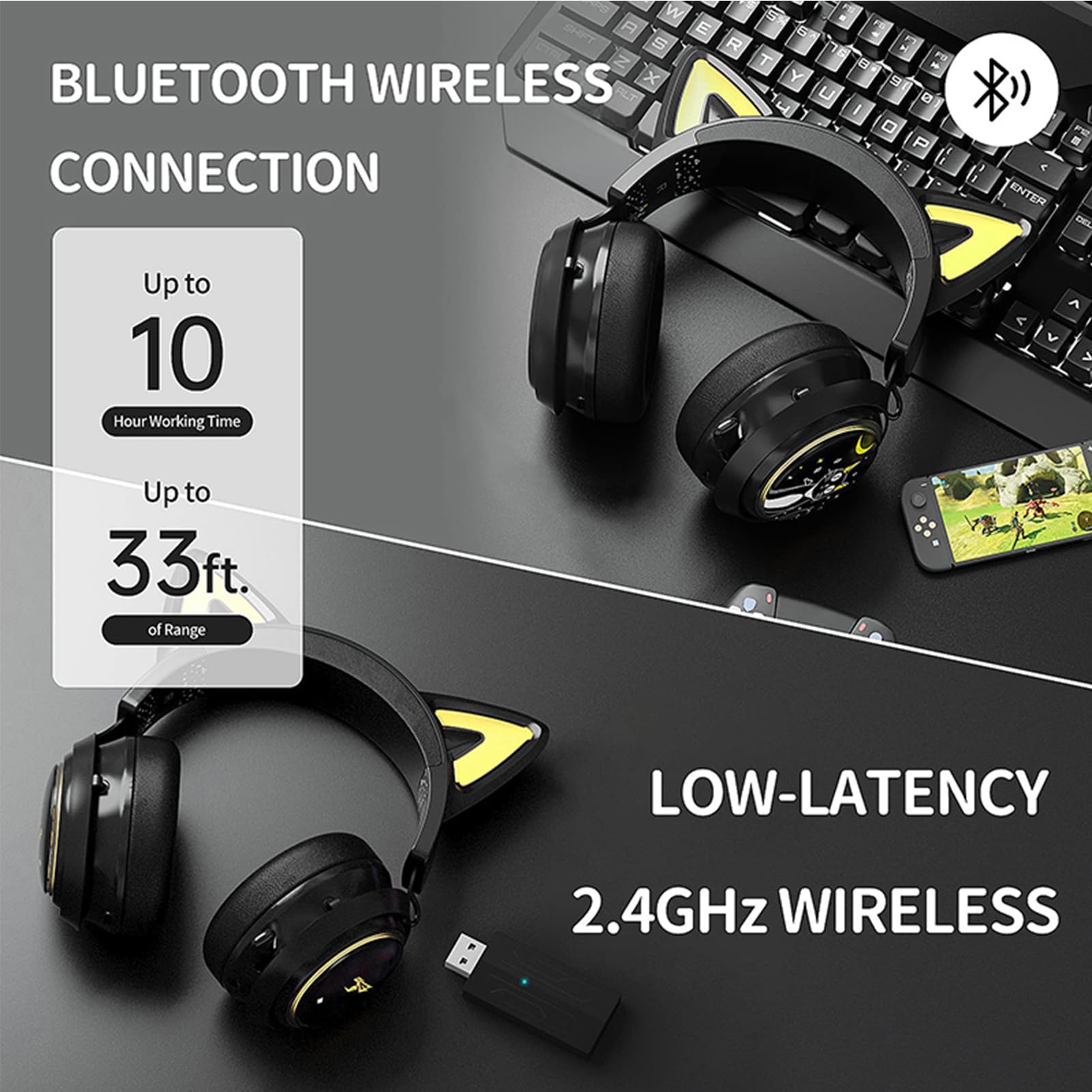 Yunseity Drahtlose -Kopfhörer, 3,5 Mm Abnehmbares Kabel, Kabellose Kopfhörer mit 3D-Surround-Sound, 1500 MAh, Einziehbares Mikrofon für PC-Musik (#1)