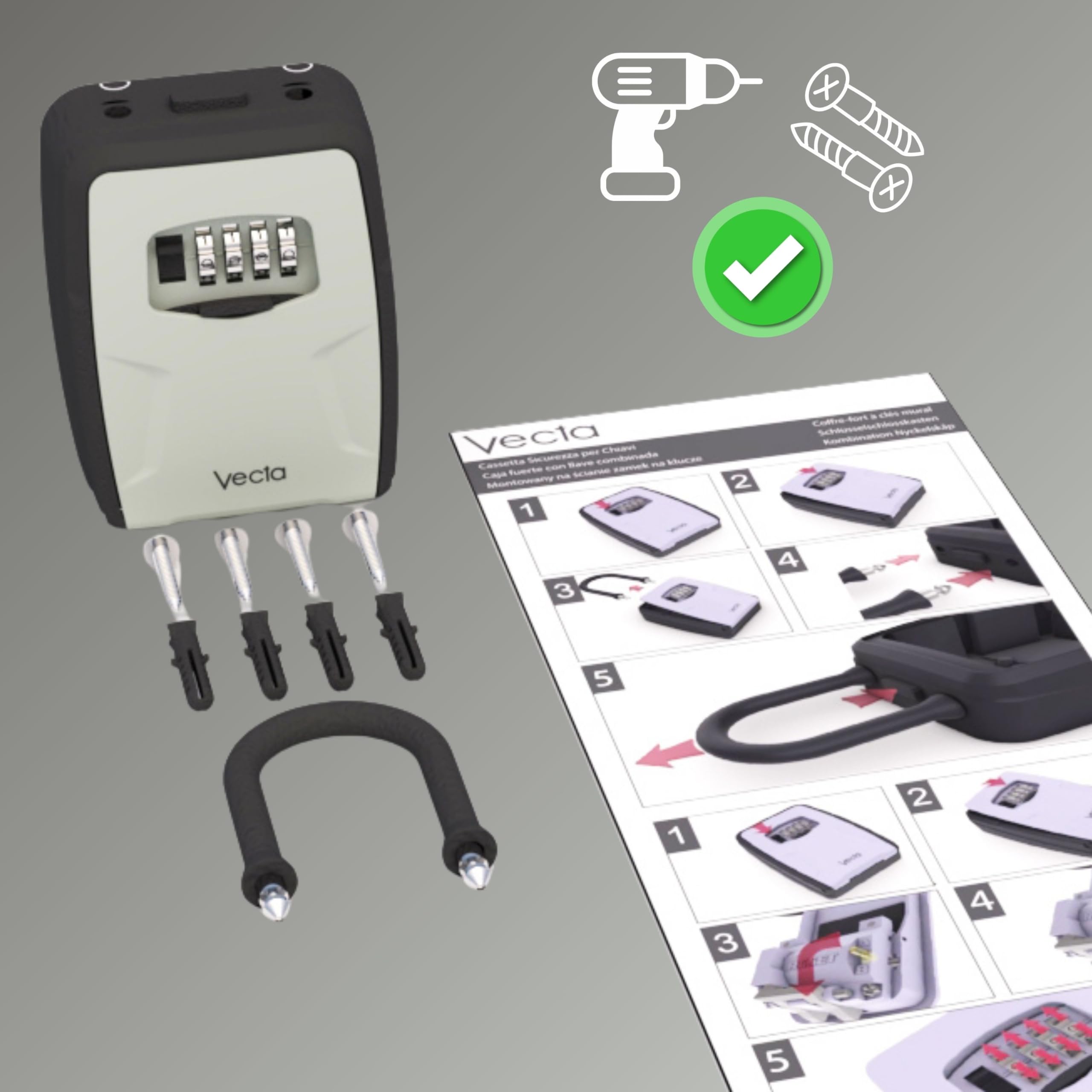 VECTA Coffre à Clés avec Anse Portable – Code 4 Chiffres Aluminium, Étanché pour 5 Clés, Noir/Gris – Boîte à Clés Murale & Suspendue Maison, Airbnb, Garage