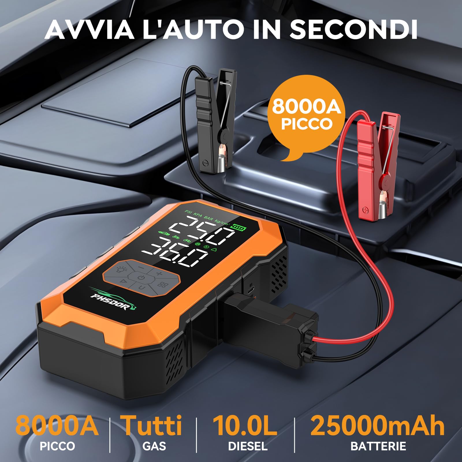 Car Battery Starter with 150PSI Compressor, 8000A 25000mAh Booster Car Start (All Gas/10.0L Diesel), Emergency Starter Battery with LED Flashlight - 2