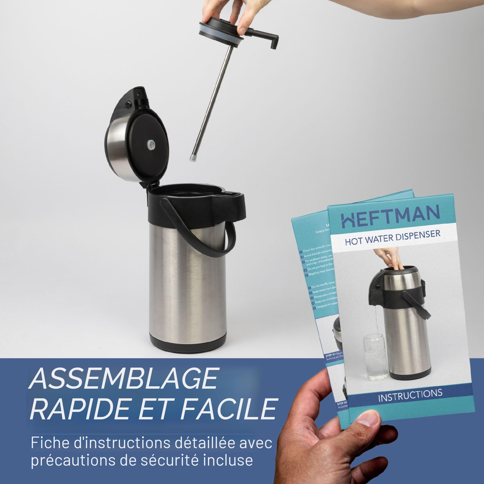 HEFTMAN Carafe à café isotherme - Airpot en acier inoxydable de 3L avec action pompe, isolation à double paroi, carafe à café et thé étanche avec base rotative à 360°, poignée de transport, verrou de