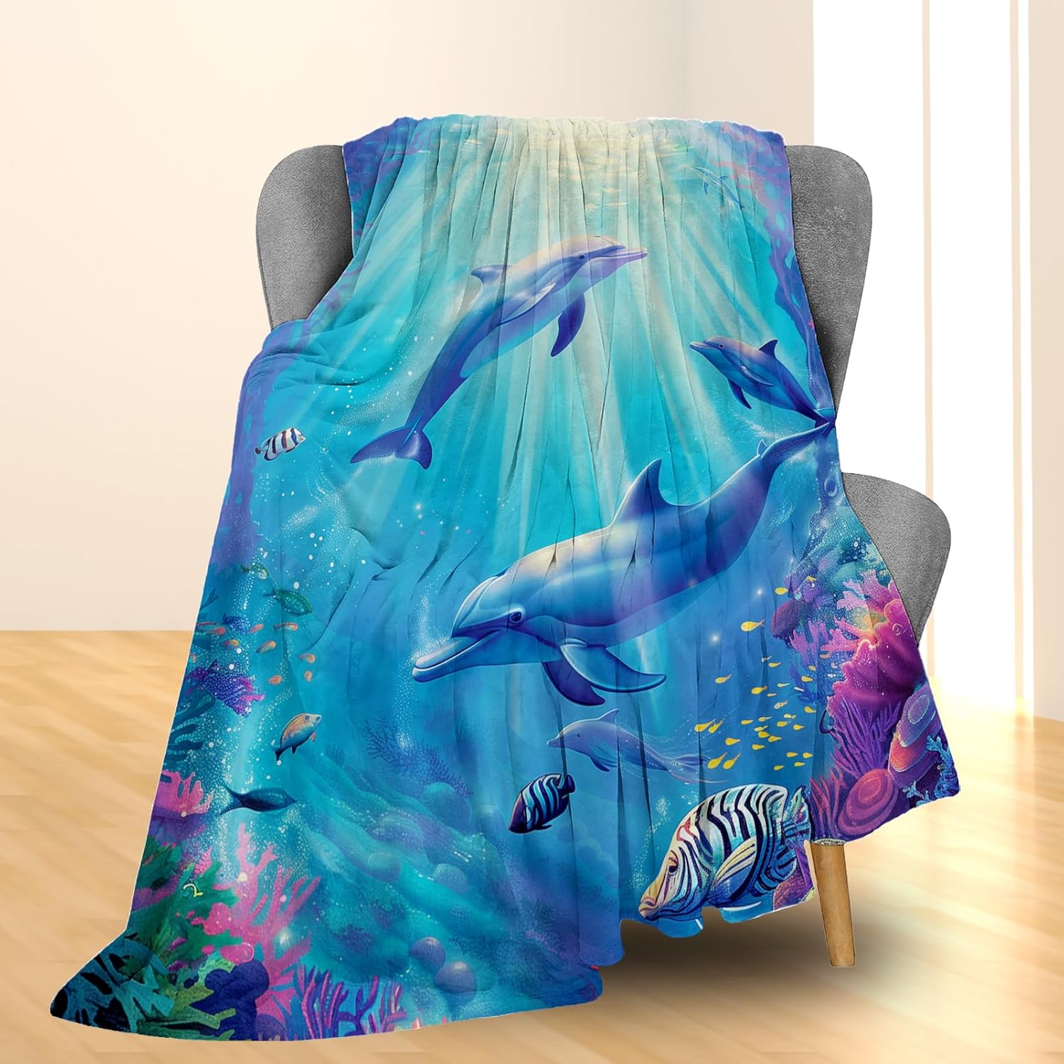 Magical Dolphin Underwater Scenery Blanket Cozy Flannel Throw Blanket - Soft, Lightweight & Fluffy - Perfect for Couch, Bed, Travel - Captivating Home Decor for Indoor & Outdoor Use 60"x50" - Image 2