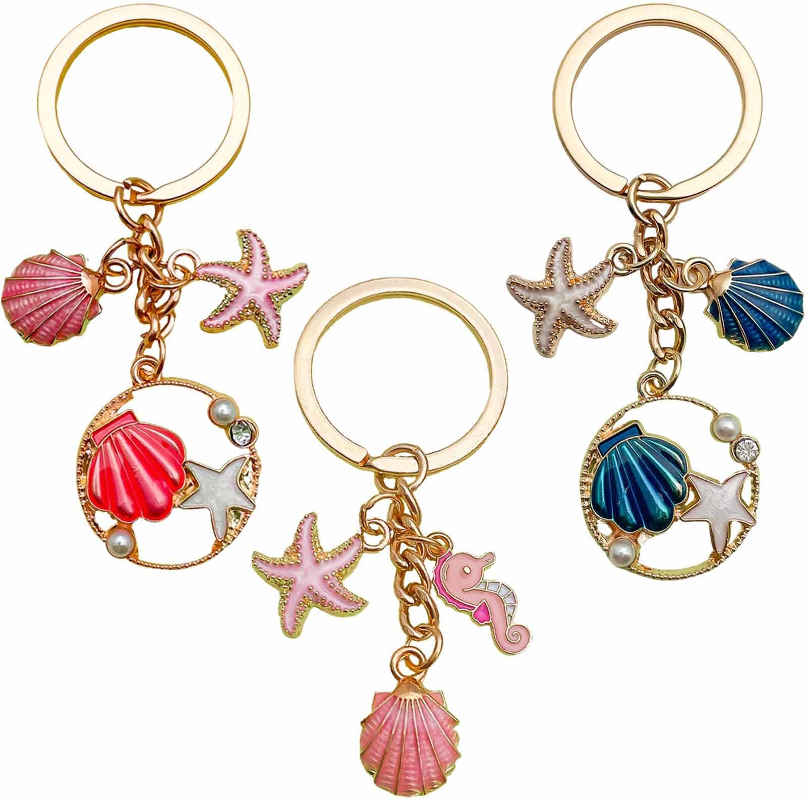 3 PCS Beach Keychain Seashell Conch Starfish Keychain Cute Ocean Tassel Chain Fashion Enameled Bag Charms Elegant Purse Key Chain Accessories for Women Girls （Pink, Blue, Red