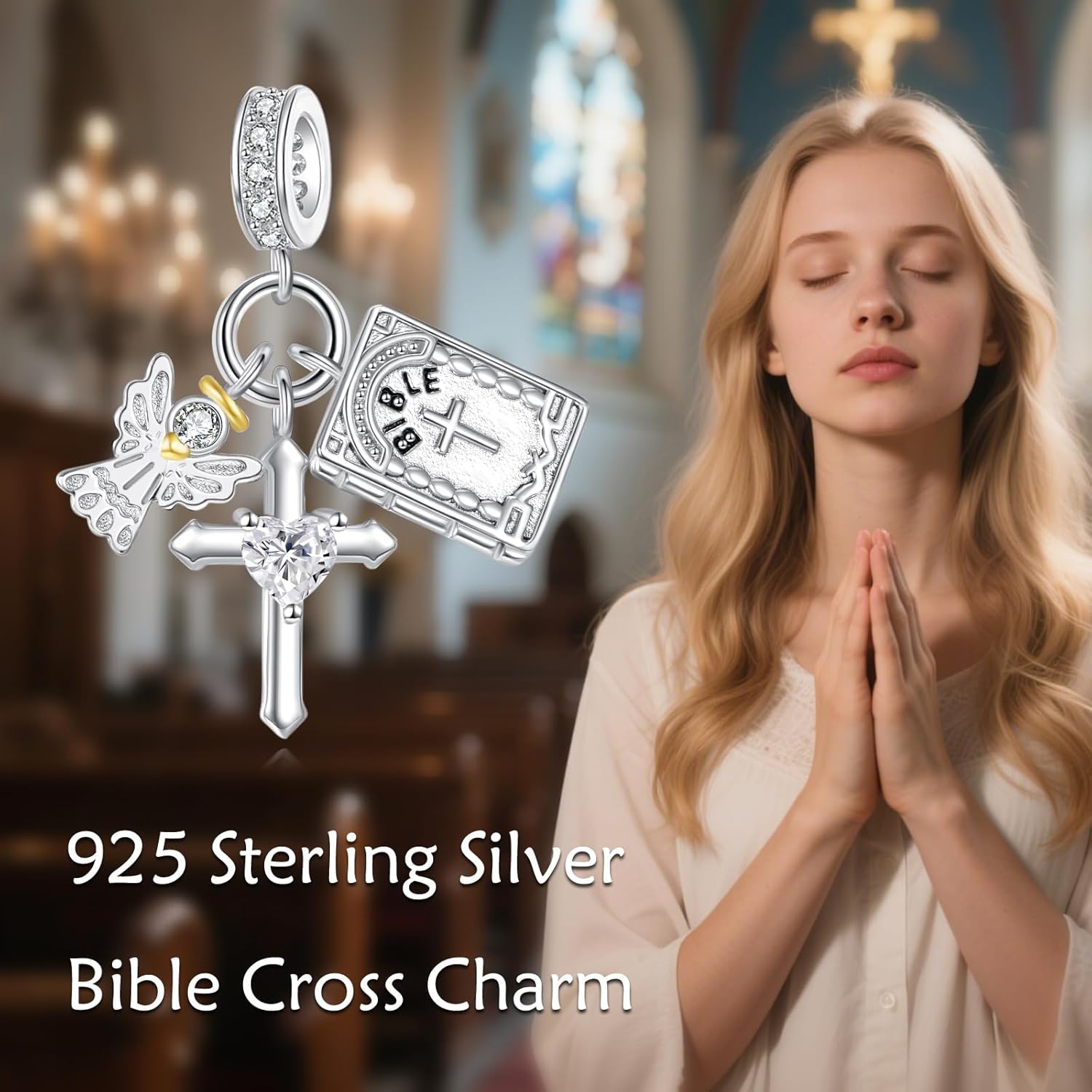 925 Sterling Silver Bible Cross Charm for Women, Angel Dangle Charms for Bracelets and Necklaces Beads Jewelry Gifts for Mother's Day Christmas Birthday - Image 2