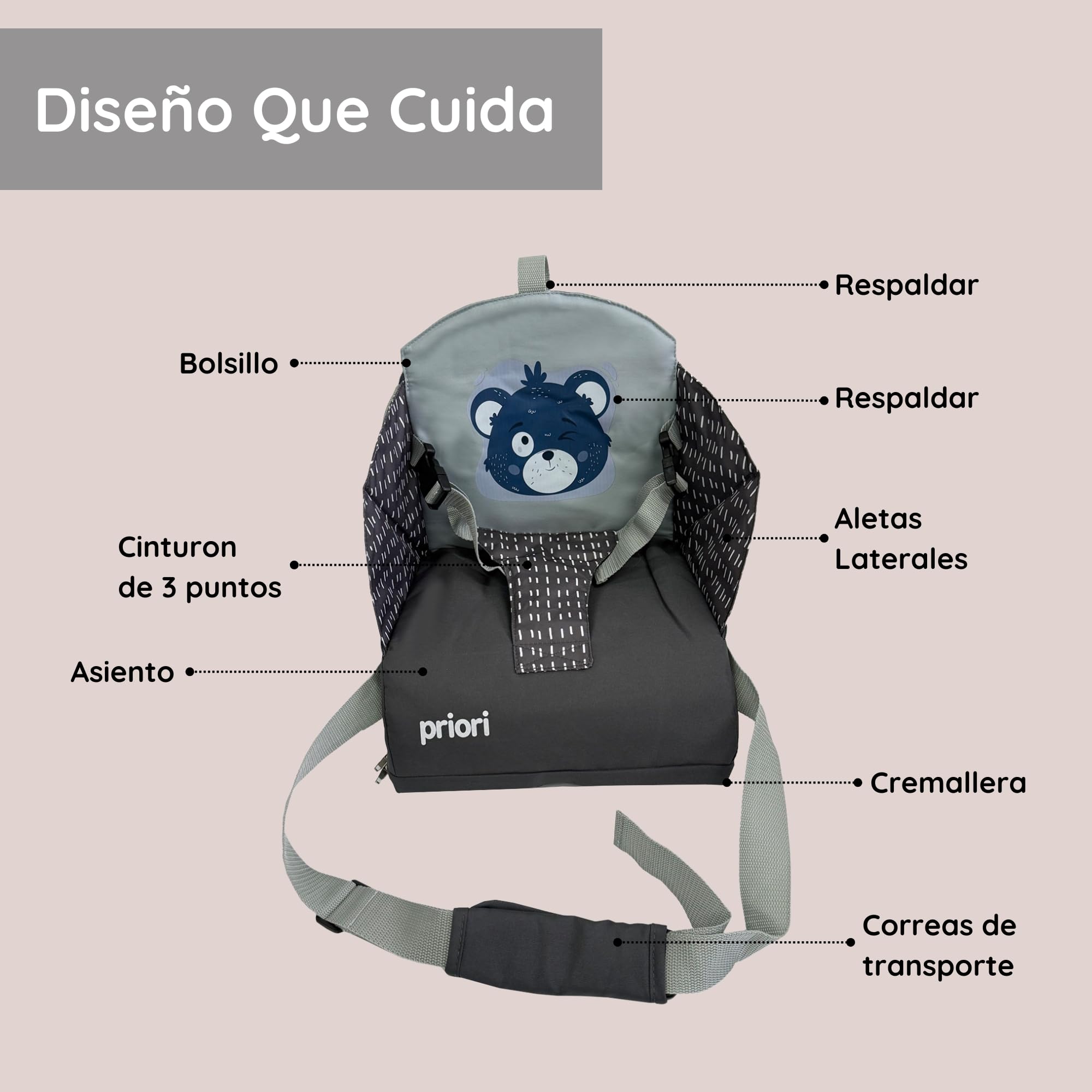 Chaise haute bébé portable Priori ALBI – siège rehausseur sécurisé et pliable, léger et confortable, avec harnais de sécurité, idéal pour les repas et les déplacements (Gris)