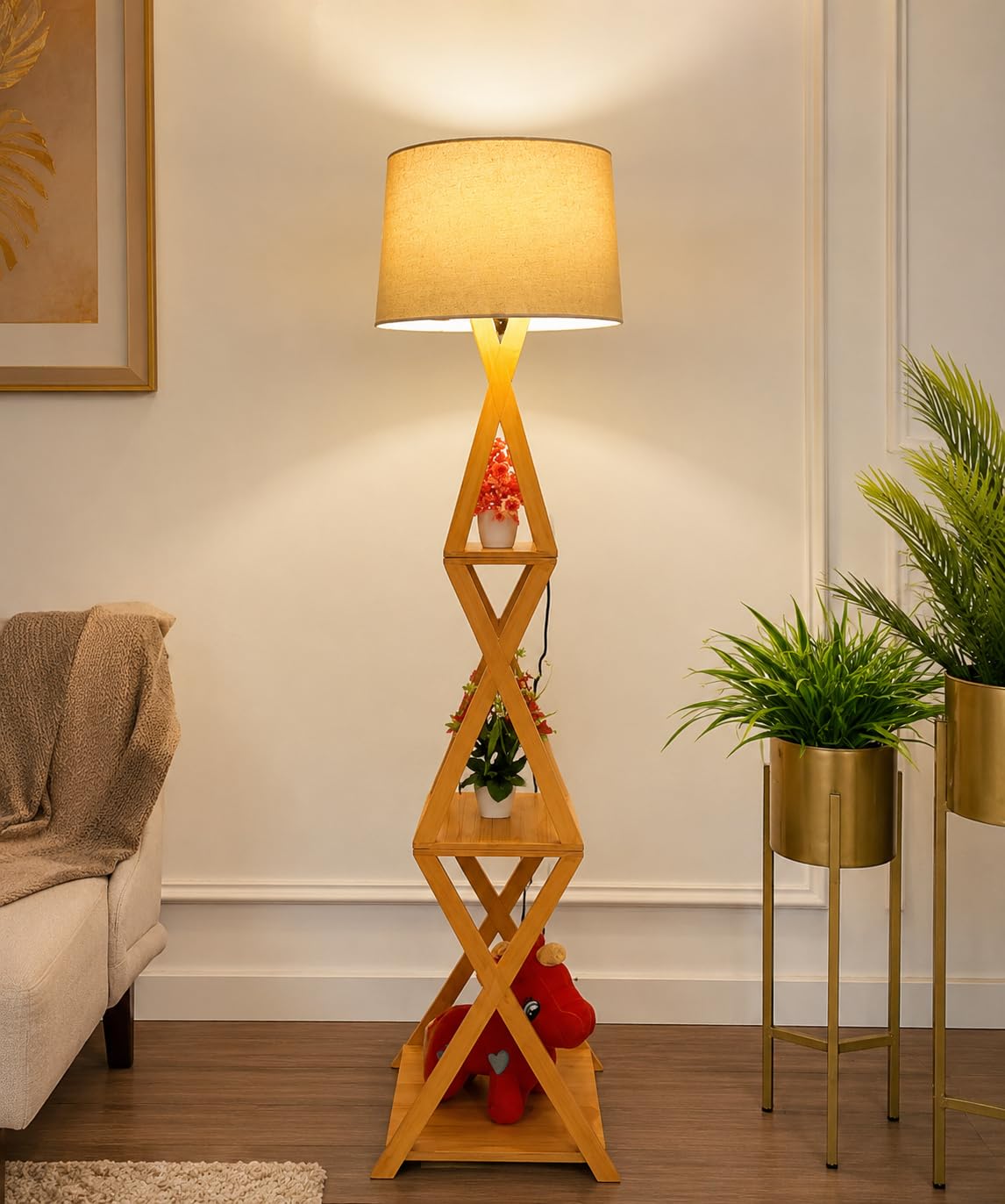 Modern Wooden Floor Lamp with Shelves | Solid Wood Standing Lamp for Living Room, Bedroom & Office | Decorative Corner Lamp with Fabric Shade | Multi-Purpose Display Shelf | Warm Ambient Lighting.-image-26