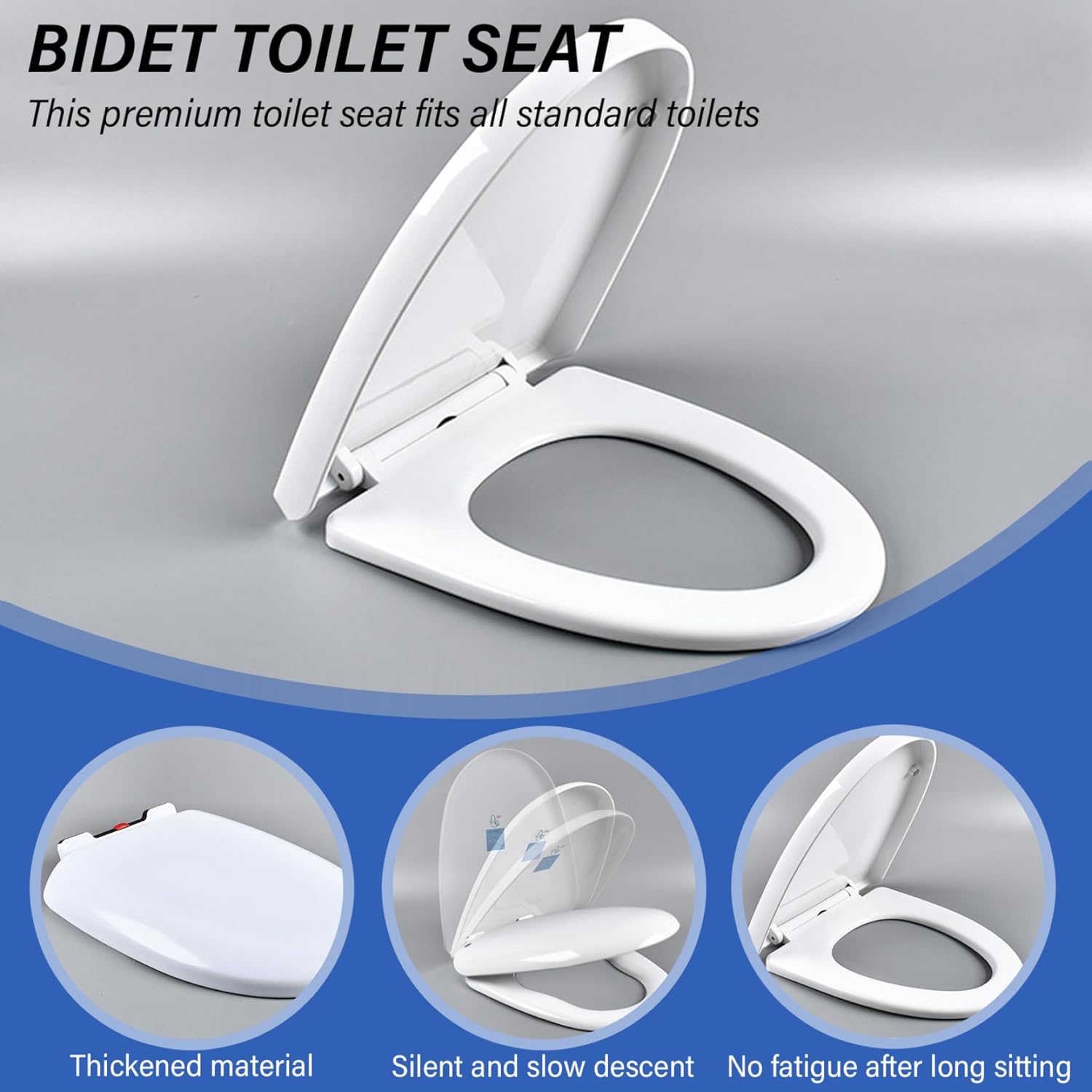 Toilet Seat O-Shaped PP Bidet Toilet Seat 14x17.5" Replacement General Slow Close Round Quick Release Washable Bidet Attachment for Round