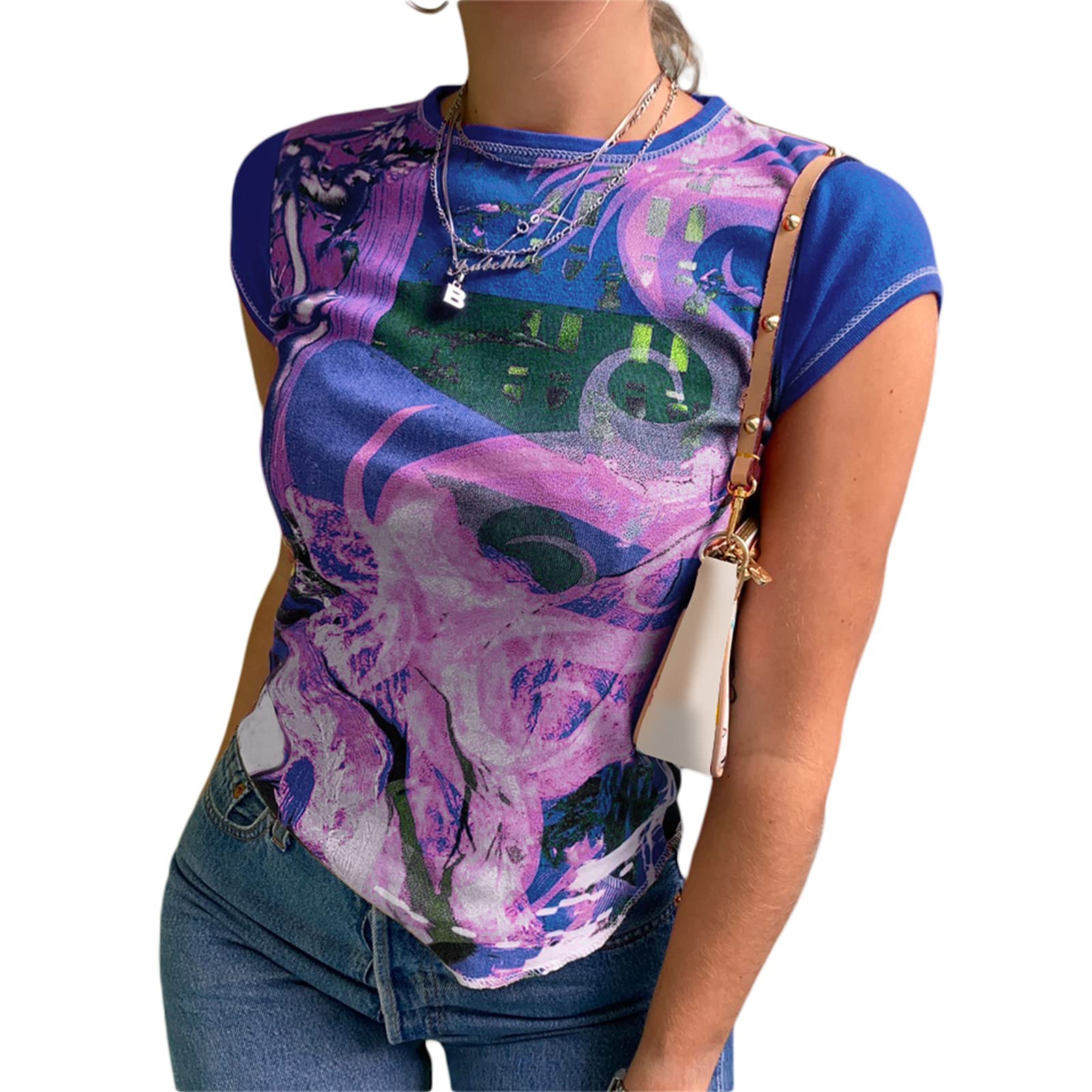 Fashion Women´s T-Shirt Streetwear Patchwork E Girl Shirts y2k Contrast Stitch Crop Top Summer Tank Top