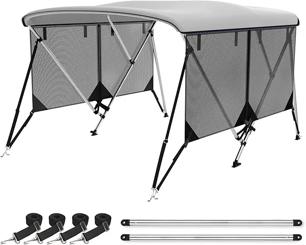 Leader Accessories 3 Bow 4 Bow Bimini Top Cover for Boat with Mesh Sidewalls Includes 4 Straps 2 Rear Support Poles Storage Boot 1" Aluminum Frame (Grey, 3 Bow 67"-72" W)