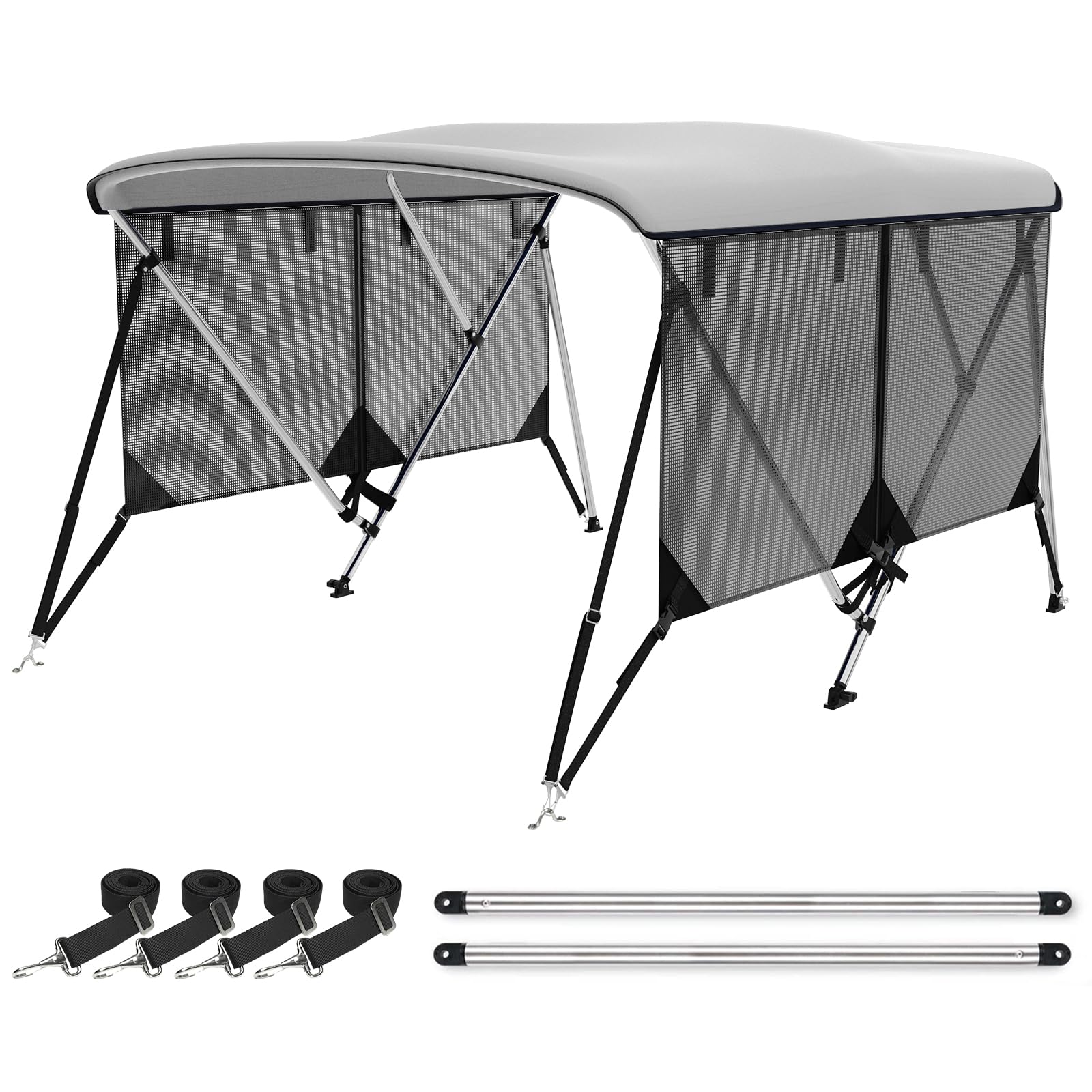 Leader Accessories 3 Bow 4 Bow Bimini Top Cover for Boat with Mesh Sidewalls Includes 4 Straps 2 Rear Support Poles Storage Boot 1" Aluminum Frame (