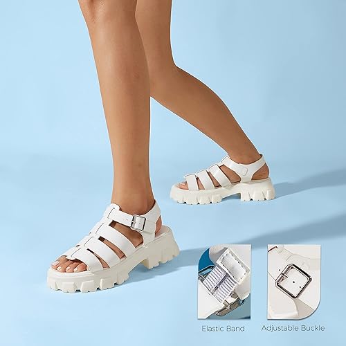 Miniatura 6 de LUCKY STEP Sandalias de cuña con plataforma para mujer, puntera abierta, correa de tobillo ajustable, tacón grueso