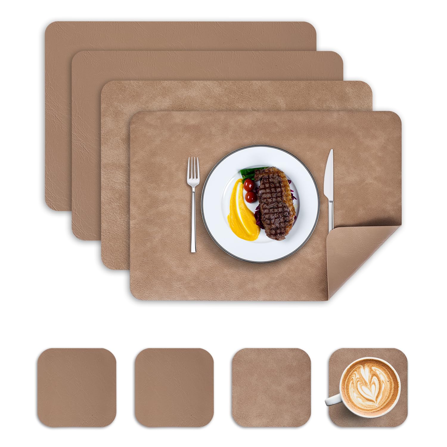 Placemats and Coasters Set of 4, PU Leather Heat-Resistant Table Mats Dual-Sided Waterproof Washable Non-Slip Place Mats for Kitchen Table (Camel)