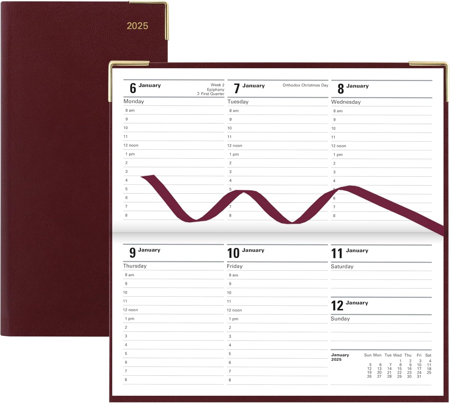 Letts of London Classic 2025 Weekly/Monthly Appointment Book and Planner, 12 Months, January to December, Gold Corners, Horizontal, Slim Size, 6.625" x 3.25", English, Burgundy (C32SBY-25)
