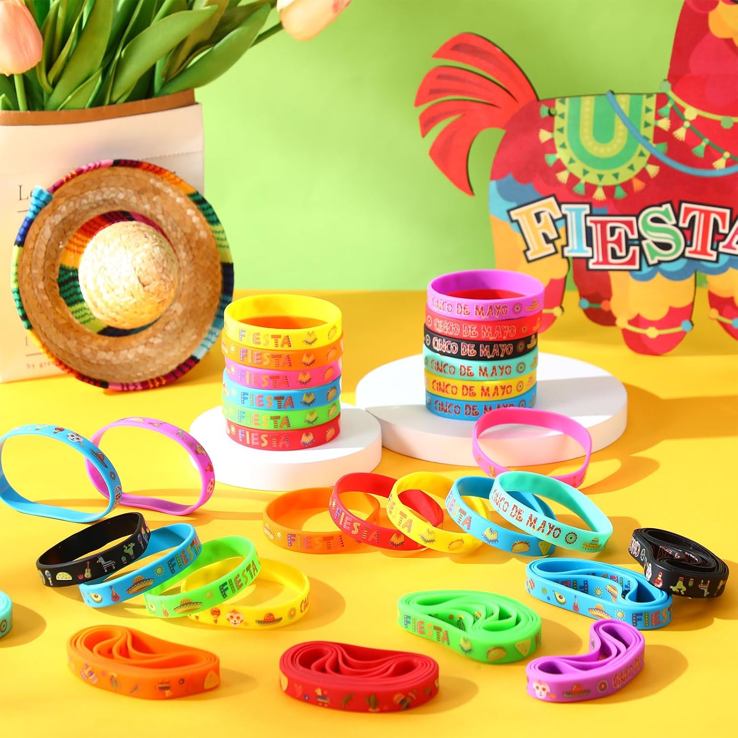 Xinnun Mexican Fiesta Rubber Bracelets Cinco De Mayo Fiesta Party Silicone Wristbands with Taco Cactus Piñata Maracas Pattern for Cinco De Mayo Party