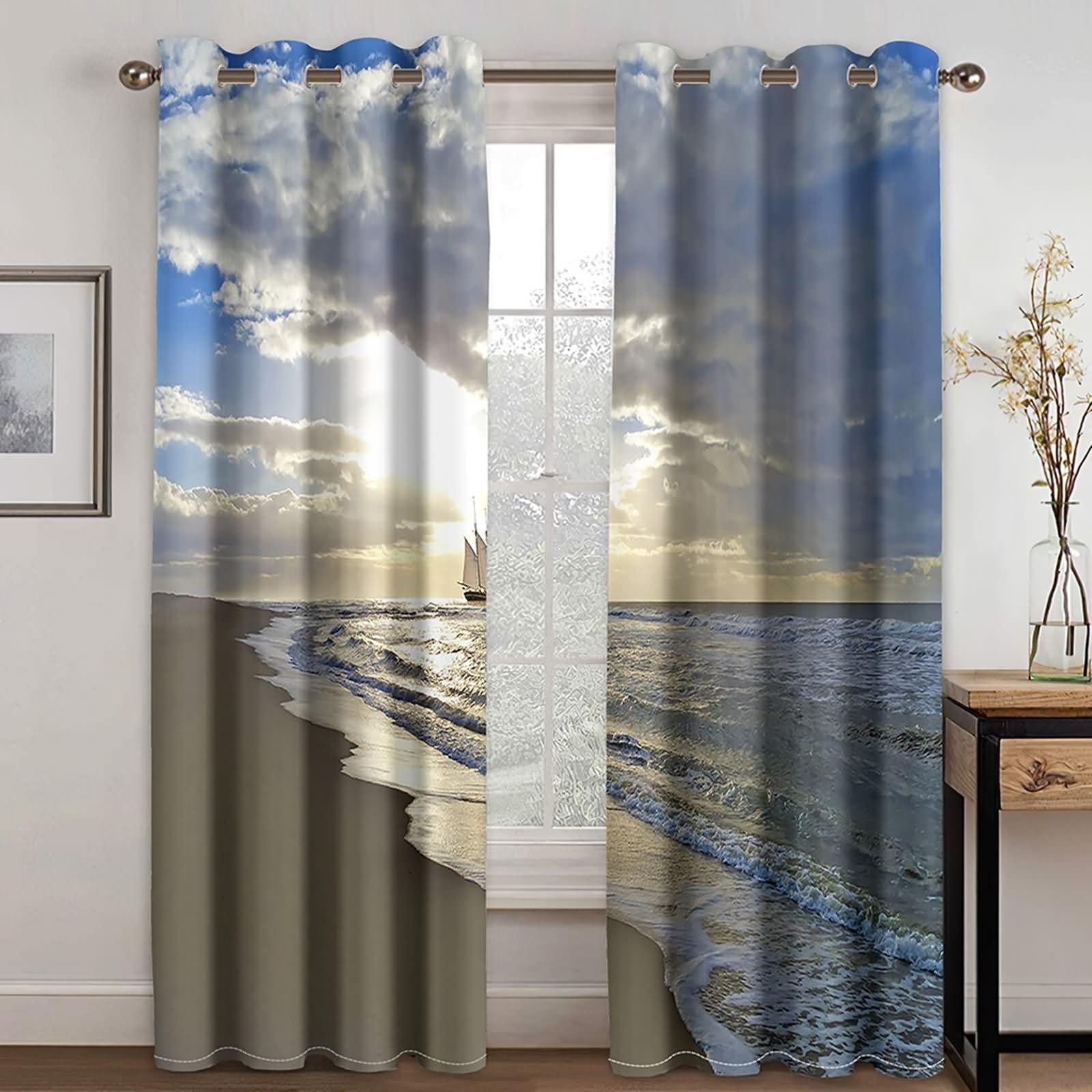 Lot de 2 Rideaux Cuisine Occultant Thermique,2 x 137W x 183H CM,Rideau à Oeillets Paysage de Plage et Bateau Rideaux de Fenêtre Balcon Bleu Blanc Gris