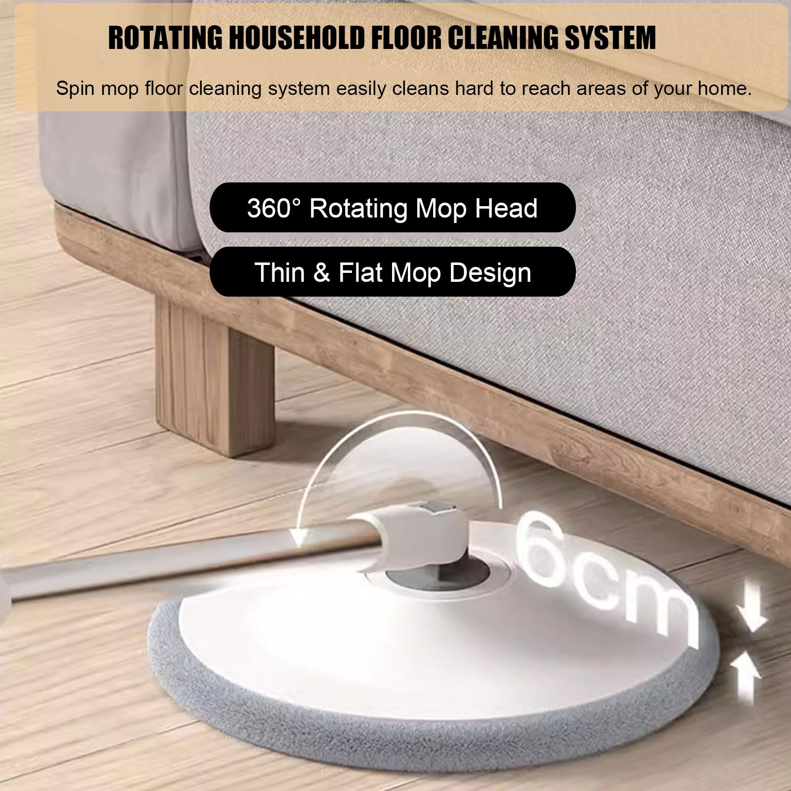 Este Juego de fregona y Cubo Giratorio con escurridor - Sistema de separación automática de Agua Sucia y Limpia - Cabezal Giratorio de 360° y 5 Almohadillas de Microfibra reemplazables para