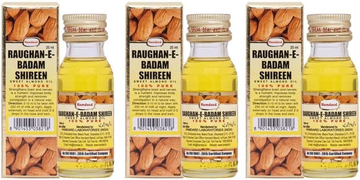 RAUGHAN-E-BADAM SHIREEN Sweet Almond Oil for Body, Skin & Hair | 25ml | Natural Almond Oil | Helps Enhance Memory | Helps Relieve Constipation | Helps Build Stronger Muscles | Pack of 3