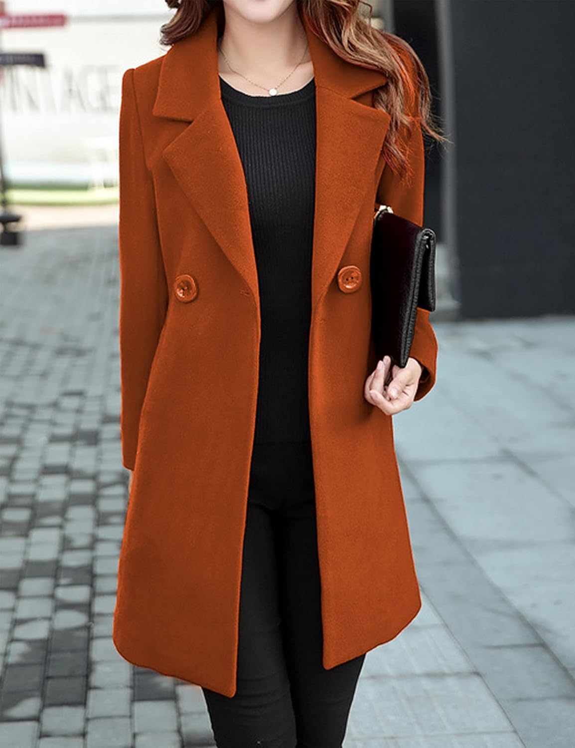 Tanming Womens Elegant Notched Collar Button Wool Blend Solid Long Pea Coat Overcoat - Image 3
