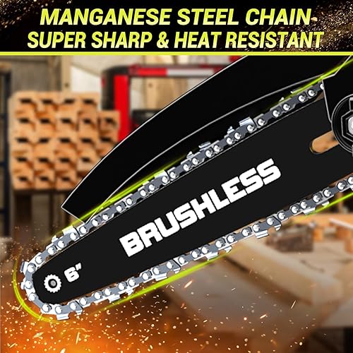 Miniatura 6 de Mini motosierra sin escobillas con motor de alta potencia de 1000 W, motosierra inalámbrica de 36 piesS de 6 pulgadas con sistema de aceite