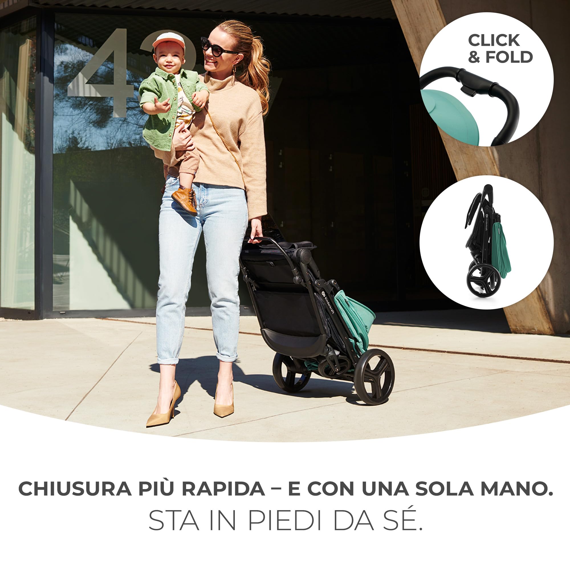 Kinderkraft RINE Passeggino leggero fino 22 kg, Chiusura con una mano, Capotta impermeabile con filtro UPF50+, Barra di sicurezza girevole, Portabicchiere, Verde