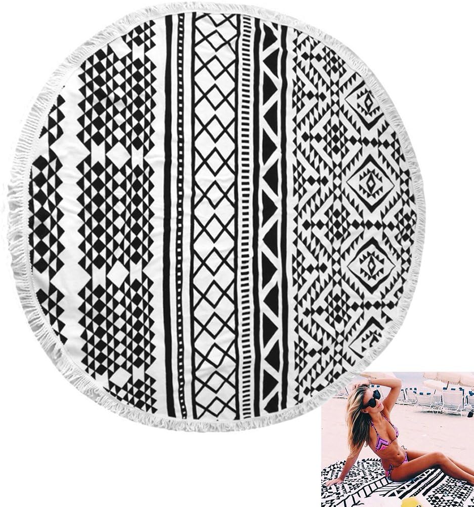 ONEPACK Beach Towel Round Tapestry Indian Throw with Tassels Thick Ultra Soft Water Absorbent Tropical Manlada Roundie Design 60 inch (Black Geometry)