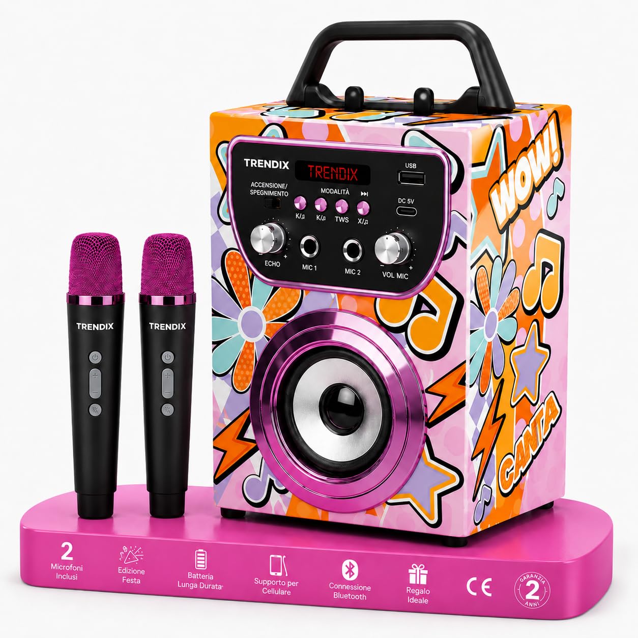Trendix - Karaoke Per Bambini Magic Melody | Cassa Bluetooth Con Microfono, Radio Fm, Usb | Cassa Karaoke Con 2 Microfoni | 2 Microfoni Bluetooth | Regalo
