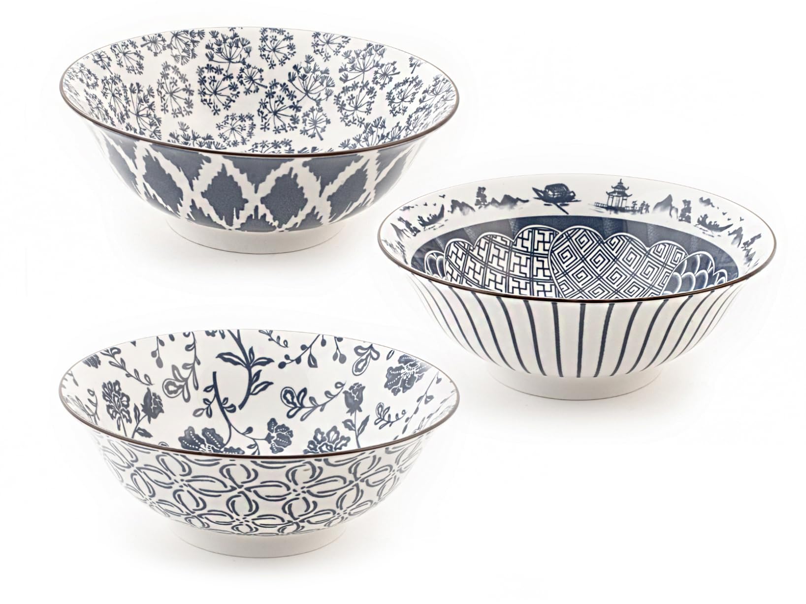H&H Set of 3 Porcelain Poke Cups, Round, Assorted Decorations, 21 cm