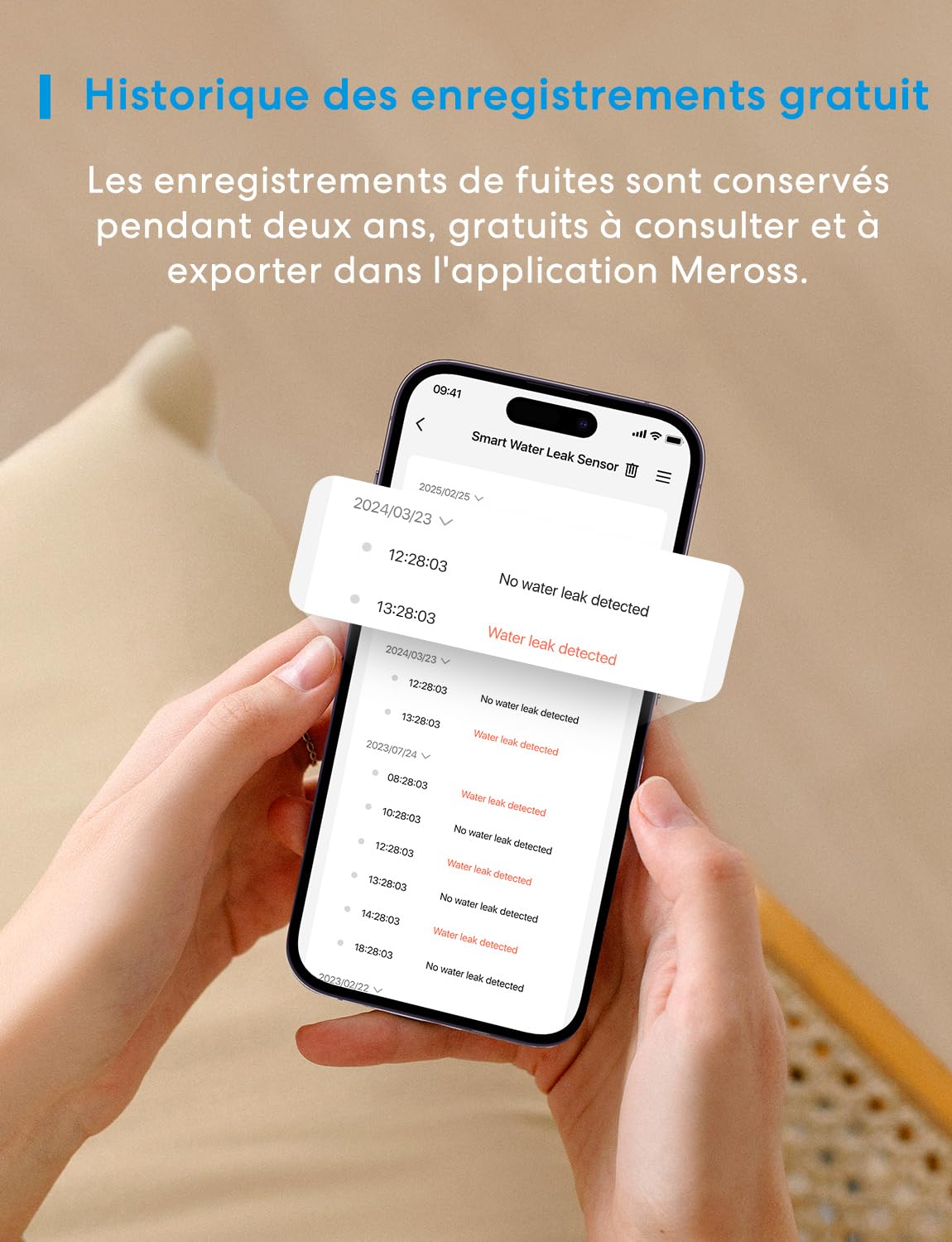 Meross Matter Détecteur de Fuite d'eau Connecté avec MSH450, 100dB Alarm | Capteur de Fuite d'eau Wi-FI Détection 0,3 mm, 100dB Sensor & APP & Hub-Alarm, pour la Cuisine, Salle de Bains et Cantine