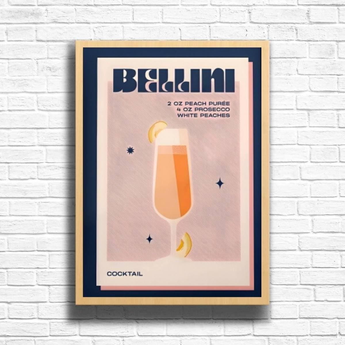 BelliniCocktail - Vintage Cocktail Print, Home Bar Art Display - Retro Bar Decor for Home, Kitchen, Lounge - Ideal Poster for Cocktail Lovers, A4 A3 Home Decoration Wall Art Deco (A4 Framed (Oak))