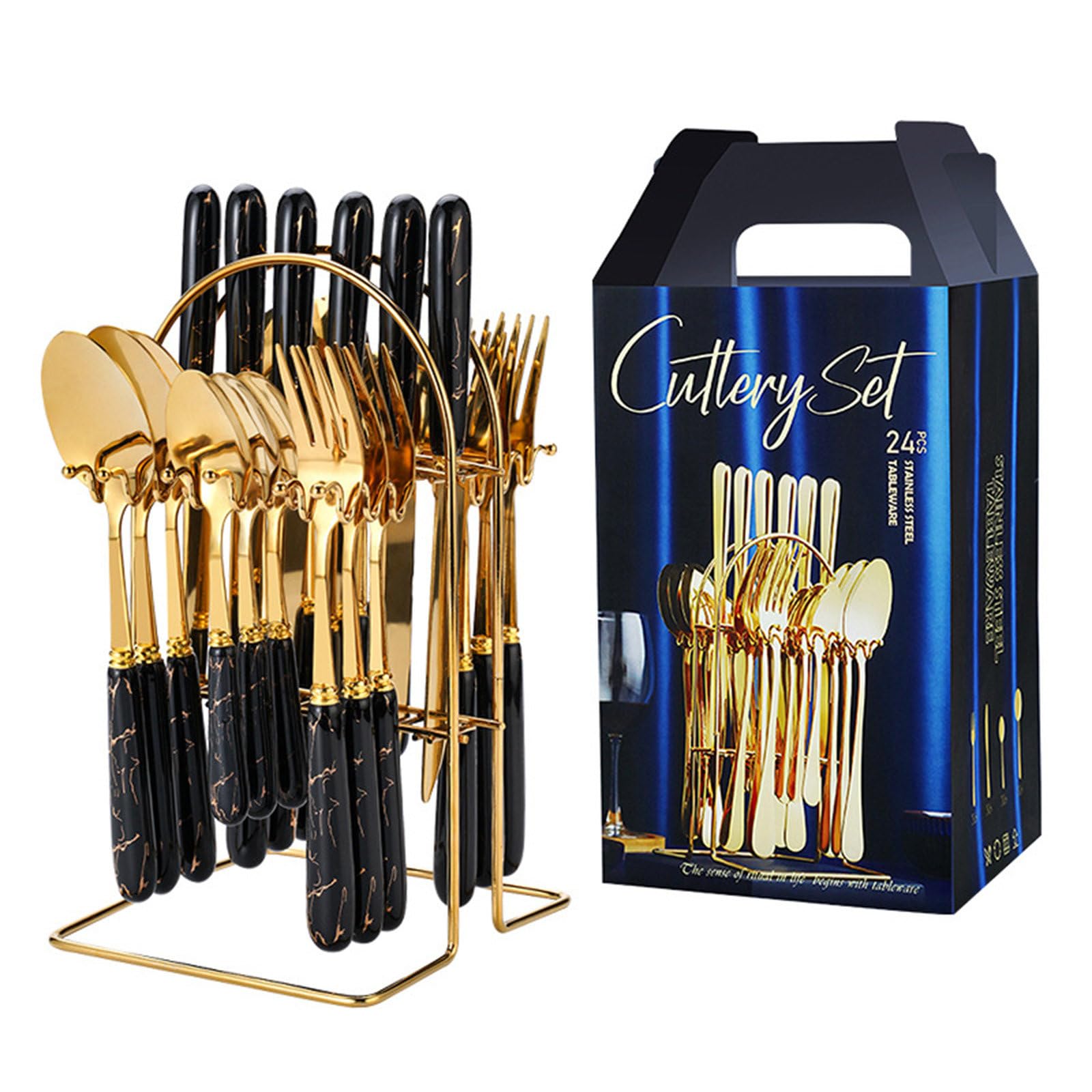 Set Di Posate In Acciaio Inossidabile Da 24 Pezzi, Set Di Utensili Da Tavola Lucidati A Specchio, Coltello con Manico In Ceramica, Forchetta E Cucchiaio, per Ristorante Domestico Black