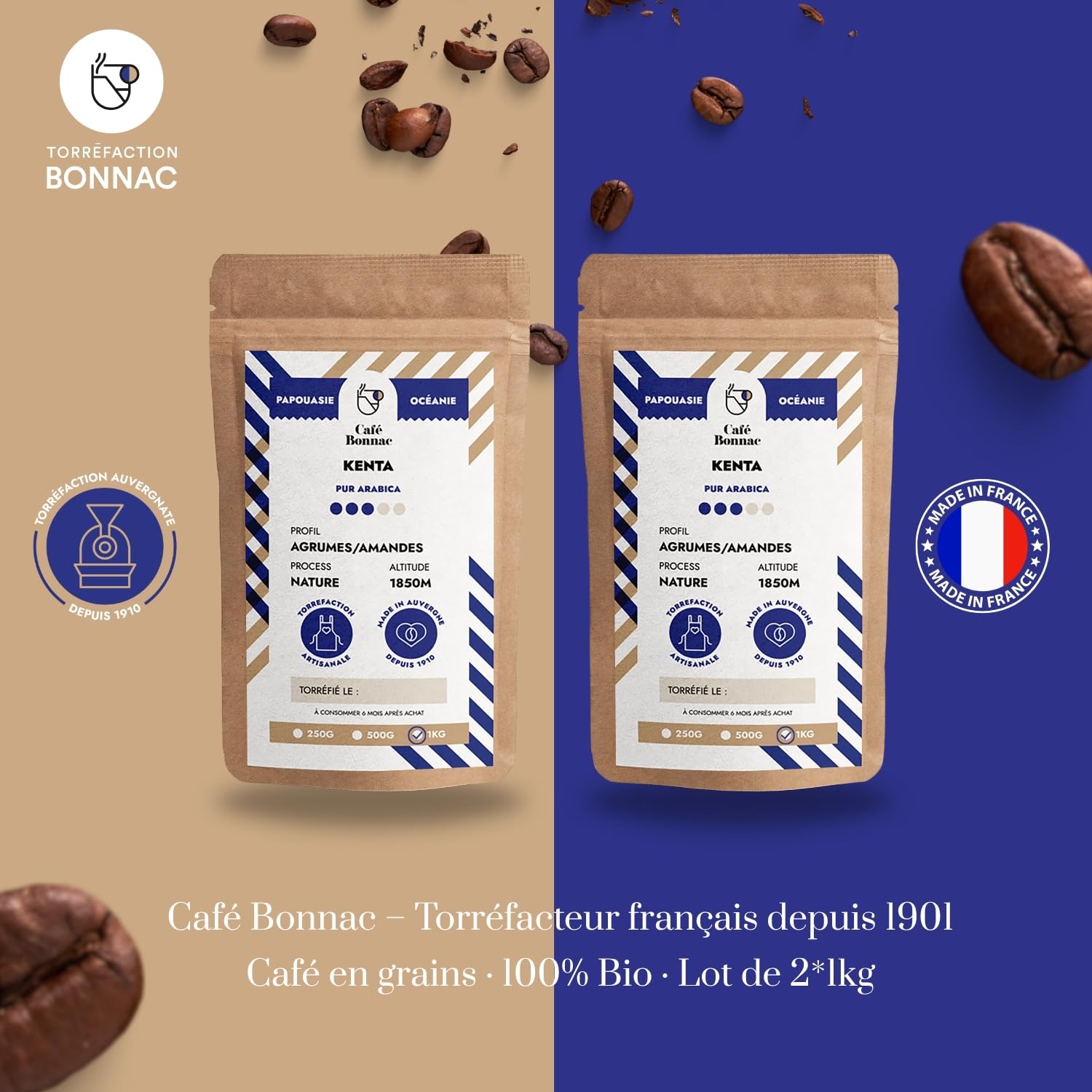 Café Bonnac – Café En Grain Papouasie Nouvelle-Guinée Kenta 1kg | 100% Arabica De Terroir | Notes De Cacao, Fleurs Et Fruits Mûrs | Torréfaction Artisanale | Idéal Machine À Café Grain