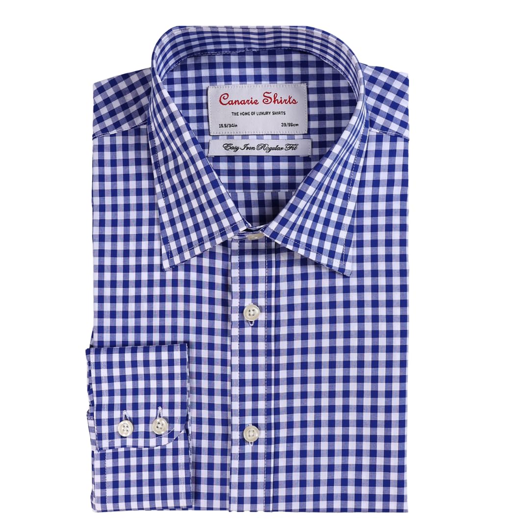 Men's Formal Shirt Navy Blue Check Gingham Button Cuff Easy Iron (19")