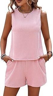 Traje transpirable de dos piezas de algodón para mujer, sin mangas, cintura elástica, pantalones cortos con bolsillos, informal, a rayas, para el salón
