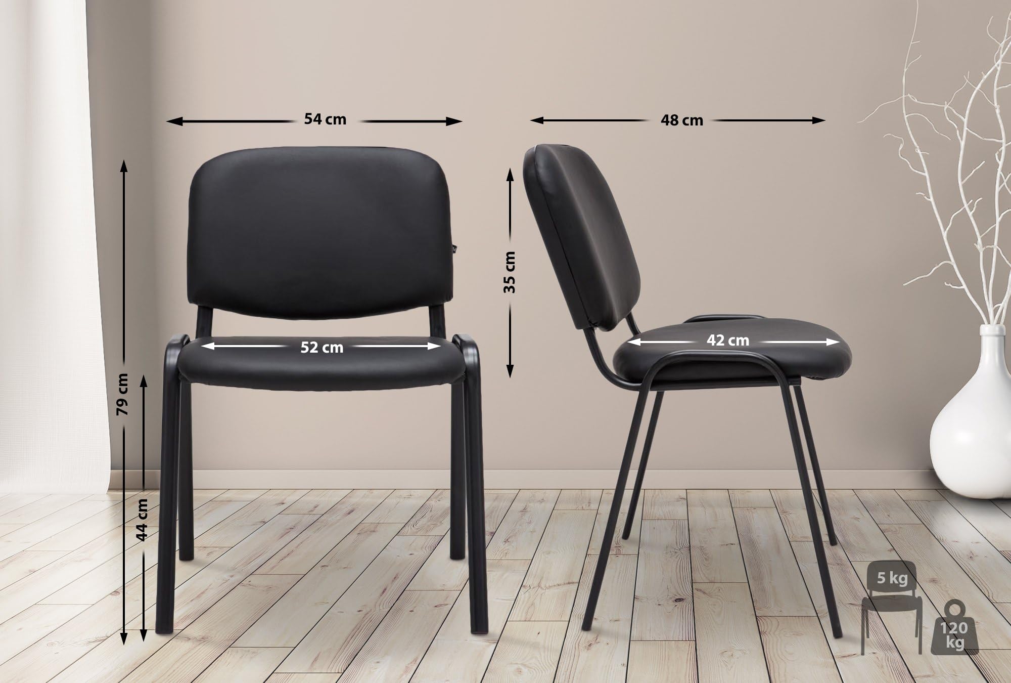 CLP Silla de Visitas Ken en Cuero Sintético I Silla de Conferencias Apilable I Silla de Reuniones Capacidad máx. 120 kg I Color:, Color:Negro