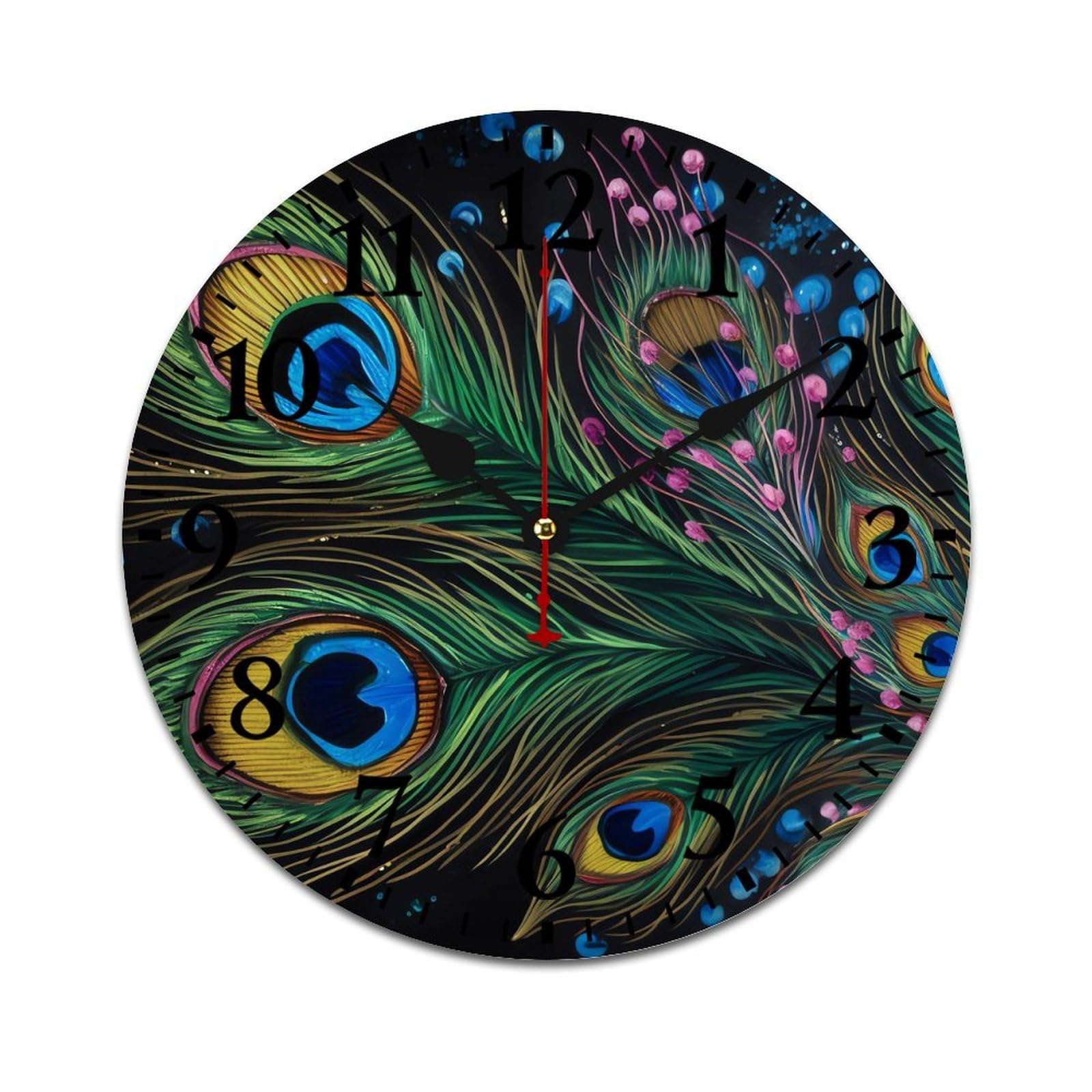 NTVOWPZO 10 Inch Wall Clock Wooden Peacock Feather Battery Operated Wall Clocks Silent Non-Ticking Square Wall Clock for Living Room Kitchen Home Office Wall Decorative Clocks