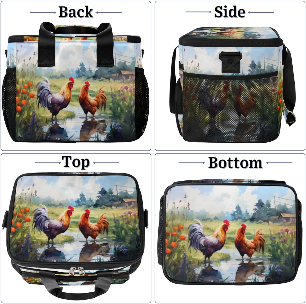 Chicken Farm Insulated Picnic Backpack Lunch Box for Women Men Picnic Basket Tote Lunch Bag Picnic Bag Portable Lunch Bags for Picnic, Beach, Work, Trip,Office, Camp Rooster Chicken