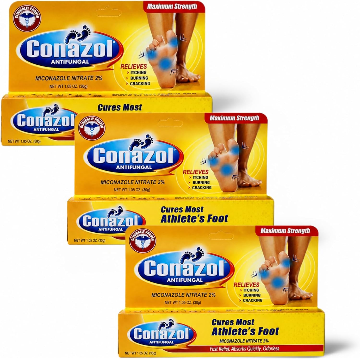 Conazol Maximum Strength, Athlete's Foot, Helps Relieve Itching, Burning, Cracking Feet, 1.05 Oz, 3 Pack