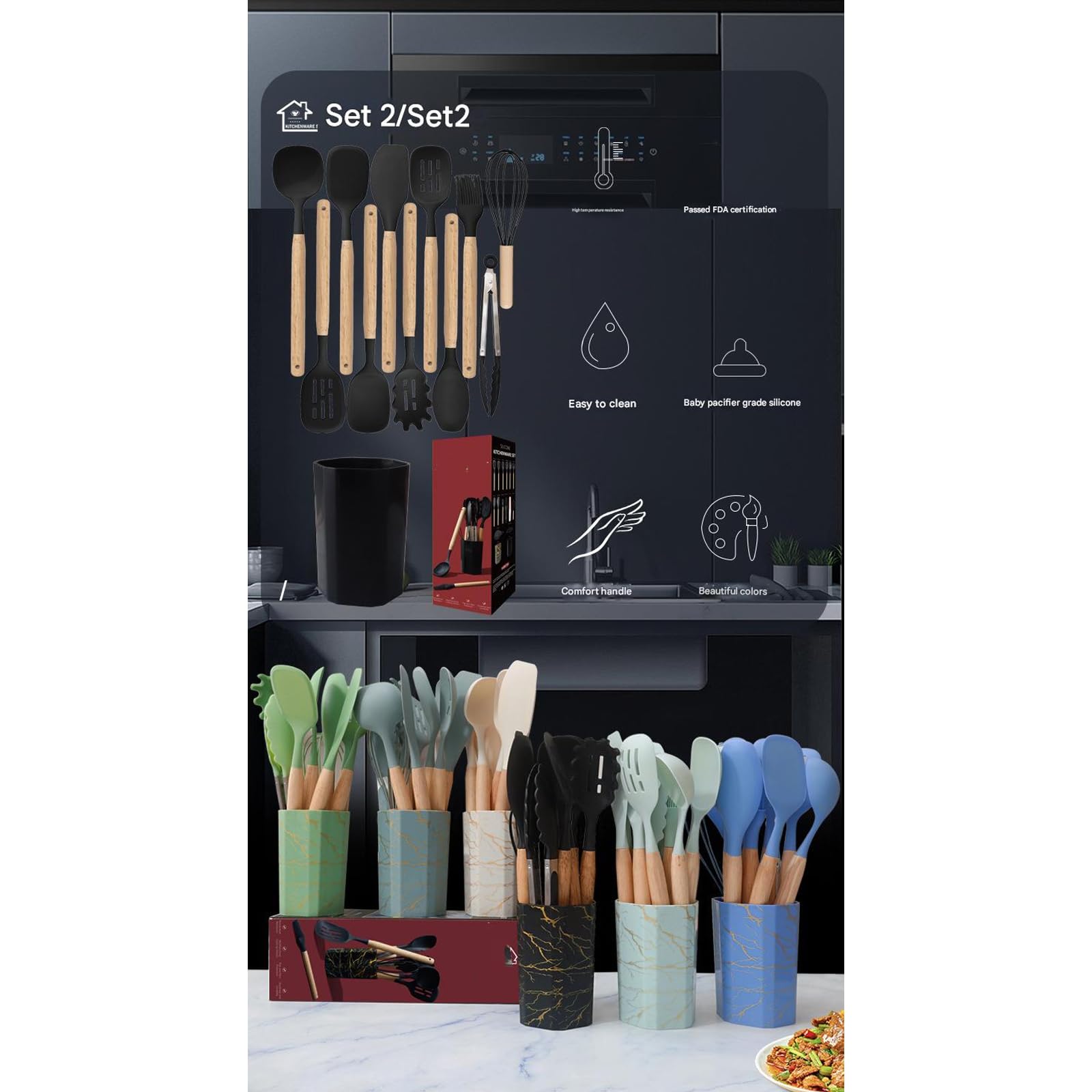 Set di utensili da cucina con manico ergonomico Materiali in silicone fino a 200 ° C Strumento di cottura sicuro per uso domestico Spatola con manico ergonomico