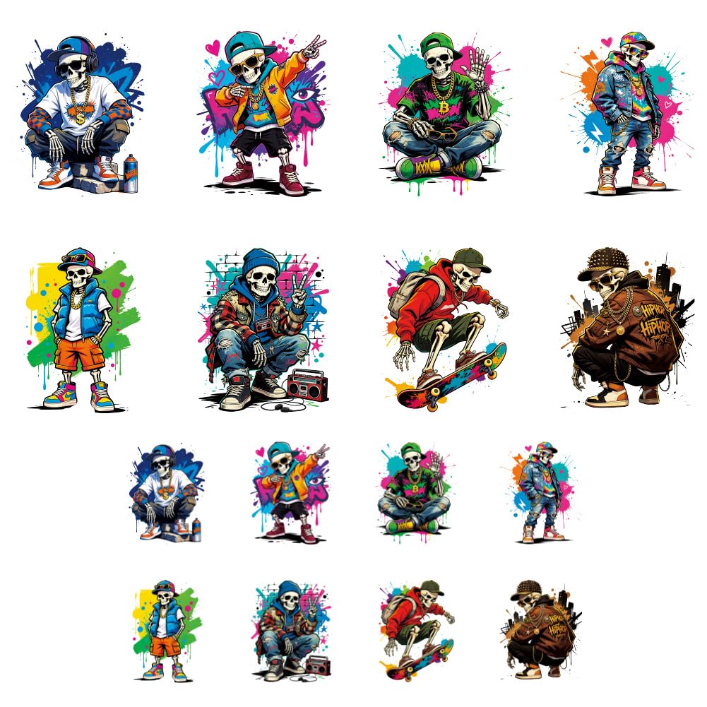 ANATTASOUL 16Pcs Hip Hop Skull Iron on Transfers for T-Shirts DIY Craft