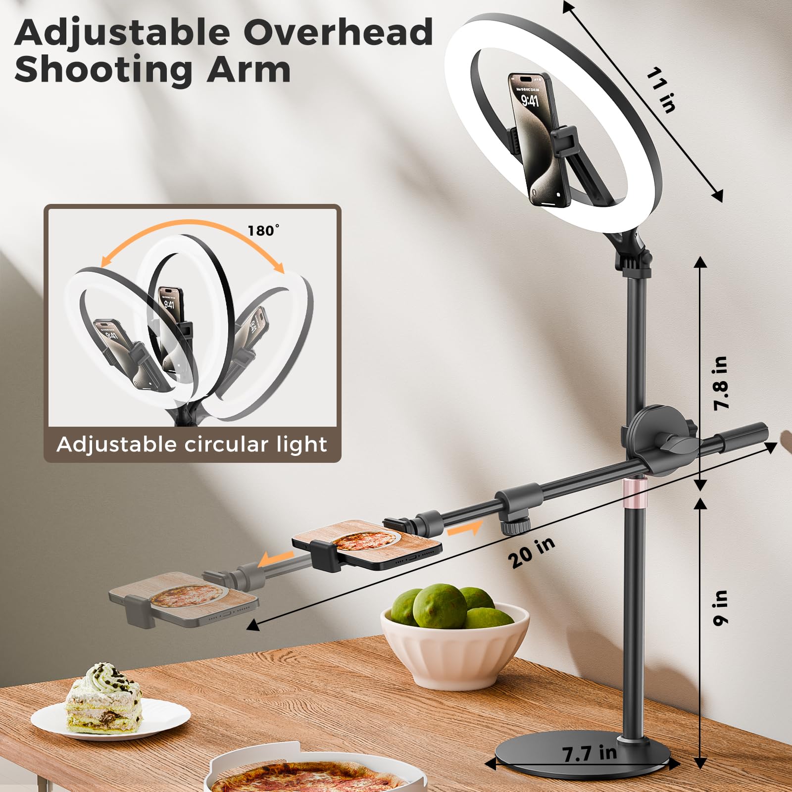 Anillo de luz de escritorio de 11 pulgadas, anillo de luz inalámbrico Bluetooth con soporte y soporte para teléfono, soporte de teléfono para grabación de video, trípode para cocinar videos, lámpara
