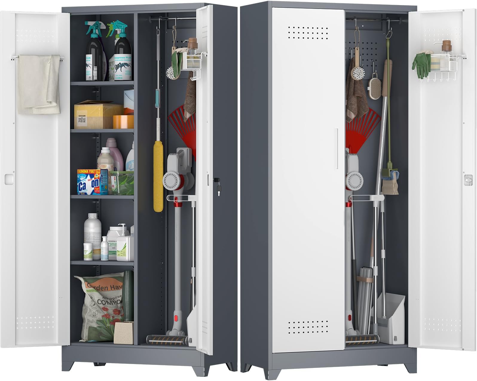 Storage Cabinet Heavy Duty, Laundry Room Cabinets with Pegboard, Locking Tool Cabinets for Office, Home, 72.8" Tall Storage Cabinet with 2 Doors and 5 Adjustable Shelves, White/Grey