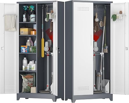 Storage Cabinet Heavy Duty, Laundry Room Cabinets with Pegboard, Locking Tool Cabinets for Office, Home, 72.8" Tall Storage Cabinet with 2 Doors and 5 Adjustable Shelves, White/Grey