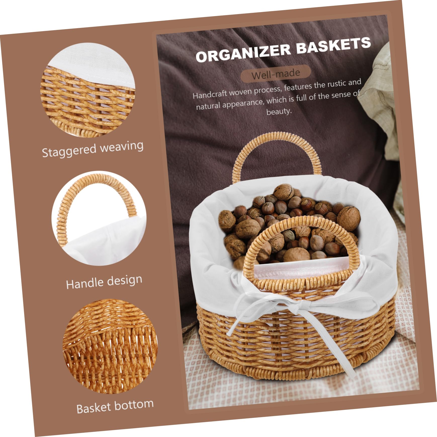 MOLUCKFU Woven Storage Baskets with Cloth Liner for Snacks Fruits Sundries Decorative Imitation Rattan Organizing Bin for Kitchen Bathroom Living Room Design Easy to Clean