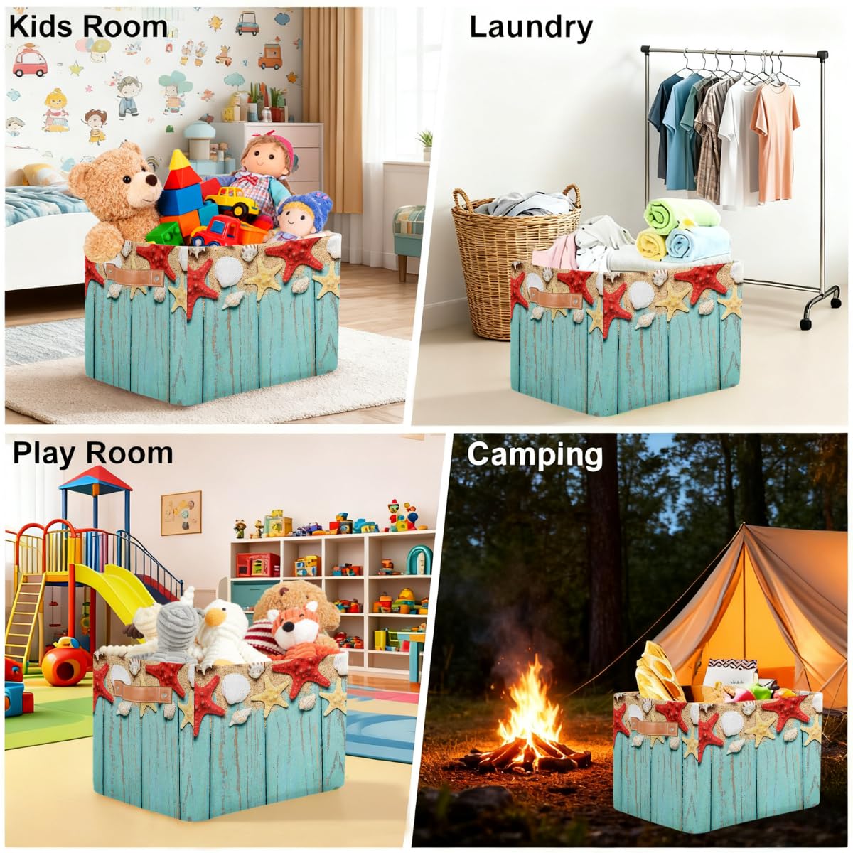Rechteckiger Aufbewahrungskorb aus Holz mit Seestern und Muscheln im Sommer, mit Ledergriffen, faltbarer Stoff-Aufbewahrungskorb für Schrank, Badezimmer, Wohnzimmer, Büro, Spielzeug, Organizer
