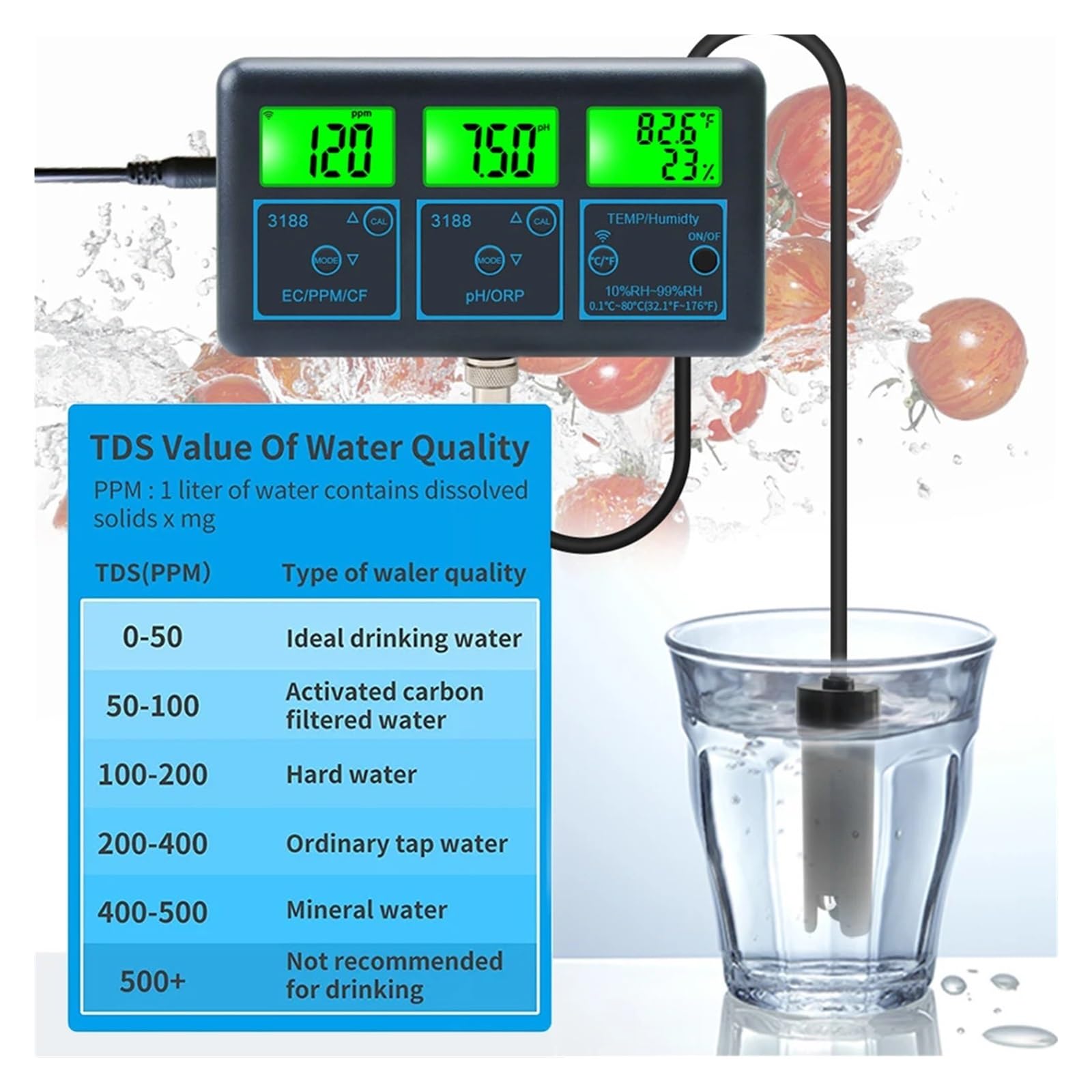 Tuya WiFi 7in1/8in1 Testeur De Qualité De l'eau PH/ORP/EC/PPM/CF/humidité/température Analyseur d'eau Piscine D'aquaculture Mesure PréCise(7 in 1)