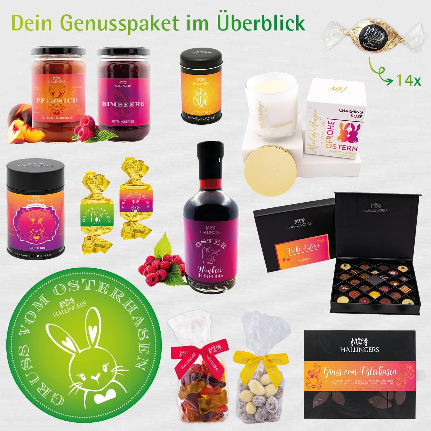 Hallingers Genuss Manufaktur Feinkost Oster-Geschenk-Set - XXL-Geschenkkorb "Gruß vom Osterh..." großer Ostergruß Ostereier, Essig, Nougat, Eistee Konfitüre & viel mehr, Ostern Körbchen für Frauen