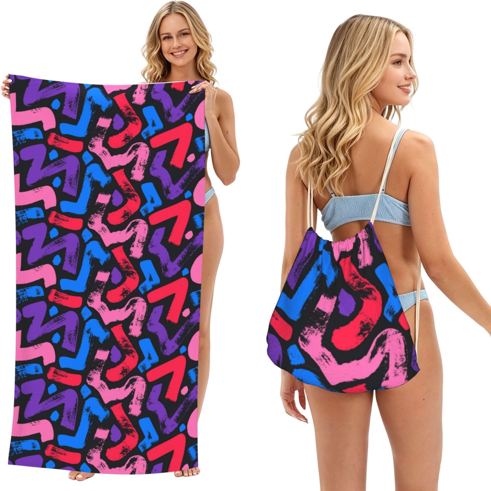 Noble Ren Neon Abstract Graffiti 2 In 1 Packable Towel Bag Beach Backpack Unisex Suitable For Travel Picnic Vacation And Camping