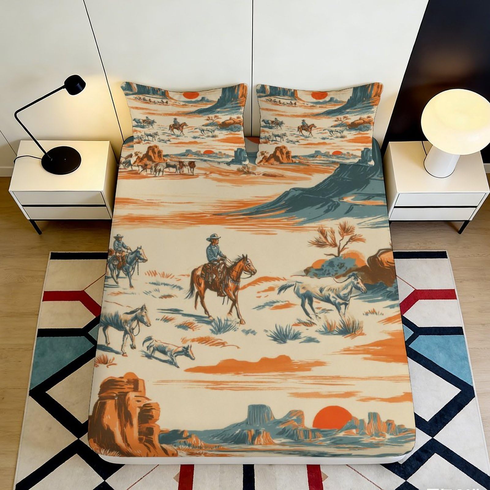 3D Printed Western Cowboy Fitted Sheet Microfiber Beige Orange Sunset Horse Mattress Cover Anti-Slip for Bedroom Guest Room 120x200x25cm